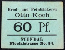 STENDAL 1917 RARE  Otto Koch Bakery  60 Pfennig German Notgeld