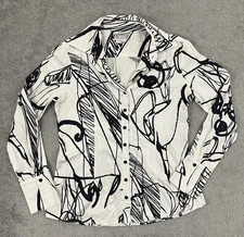 Finley Button Up Shirt Women Medium Black White Artsy Abstract Modernist Art Fun