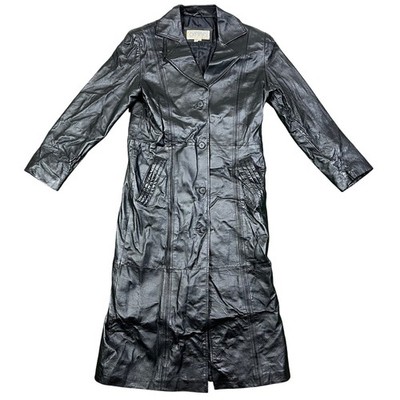 Vtg 90s Black Genuine Leather Trench Coat Duster Long Oversize Belted M