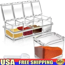 Clear Spice Containers Set W/ Tray 4 Compartment Dispensers & Spoons Food Safe