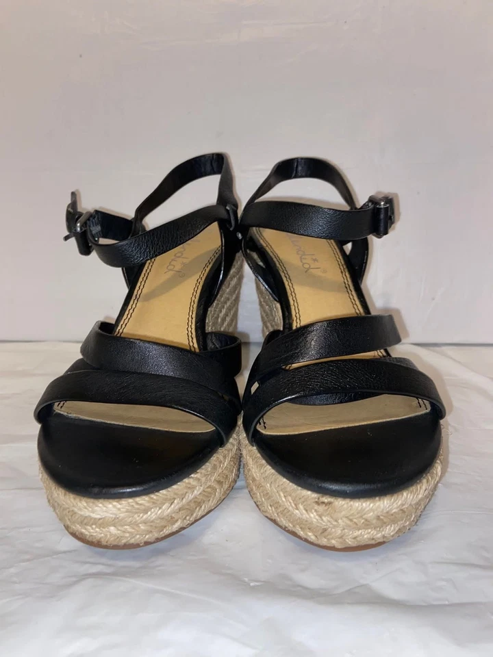 Espléndidas sandalias de cuña negras alpargata con hebilla y tiras talla 9 Foto 2 de 4