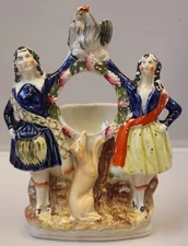 08/15 Antique Staffordshire Pocket Watch Stand, The Highlands Couple w/Dog