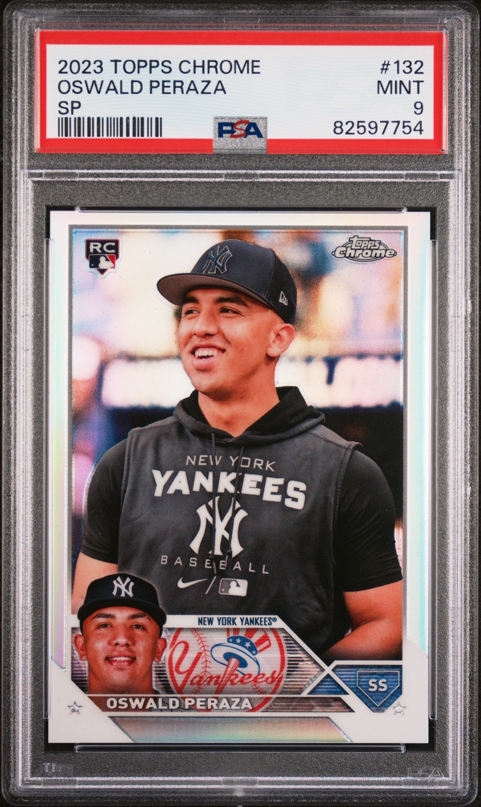 2023 Topps Chrome #132 Oswald Peraza SP Image Variation Refractor Yankees PSA 9
