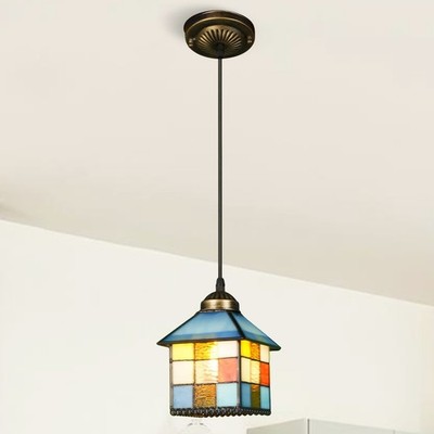 5 In Single Head Tiffany Pendant Light, Creative Color Grid House Pendant Light