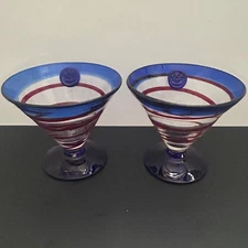Set (2) Matching Kosta Boda Margarita/Martini Blue Rim W/Red Swirl Glasses!