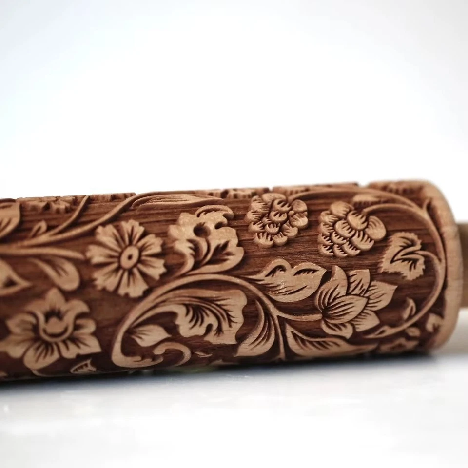 Rodillo de grabación en relieve 3D rodillo de masa de madera galletas patrón de flores herramienta para hornear Foto 3 de 4