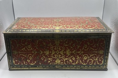 VINTAGE CANCO REDish orange BLACK GOLD FLORAL CANDY TIN BOX