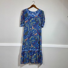 Olivia James The Lable Blue Fox Floral Cotton Midi Dress Sz XS Puff Sleeve