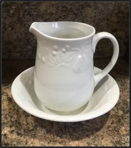 Vintage White EMBOSSED FRUIT Design by Gibson 72 oz PITCHER & 10" BOWL/BASIN