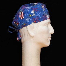 Peanuts Gang Small Characters 4th July Celebration on Blue theme Scrub Hat