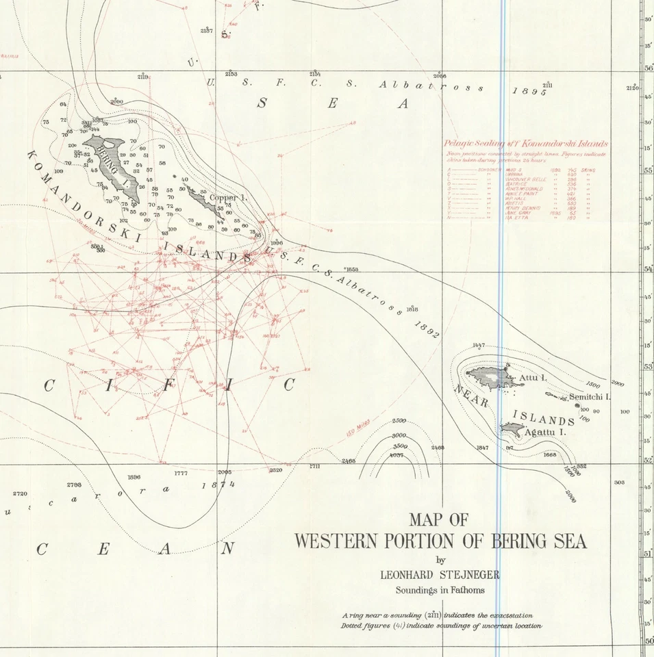 Mapa de la parte occidental del mar de Bering de 1901 - Islas Komandorski Foto 2 de 3