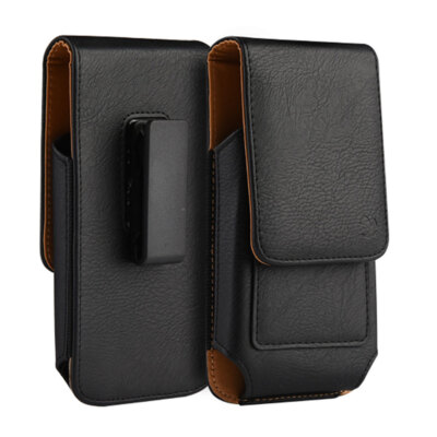 Black Vertical Universal Belt Clip Faux Leather Pouch For iPhone 15 Pro Max / 15