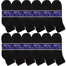 12 PK Black Men Cotton Circulatory Loose Fit Quarter Ankle Diabetic Socks 10-13