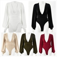 Donna Body Camicetta Lungo Manica a Sbuffo Scollo A V Sexy Elasticizzato Nuovo