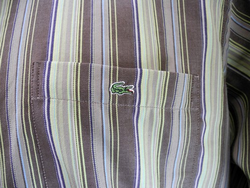 Lacoste Green Brown Striped Brushed Cotton Long Sleeve Dress Shirt - Men's 42 - Picture 2 of 6