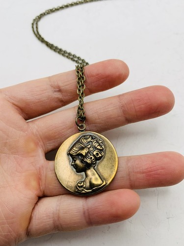 Vintage Style Victorian Bridgerton Lady Cameo Pendant Bronze Tone 18” Necklace - Picture 3 of 18