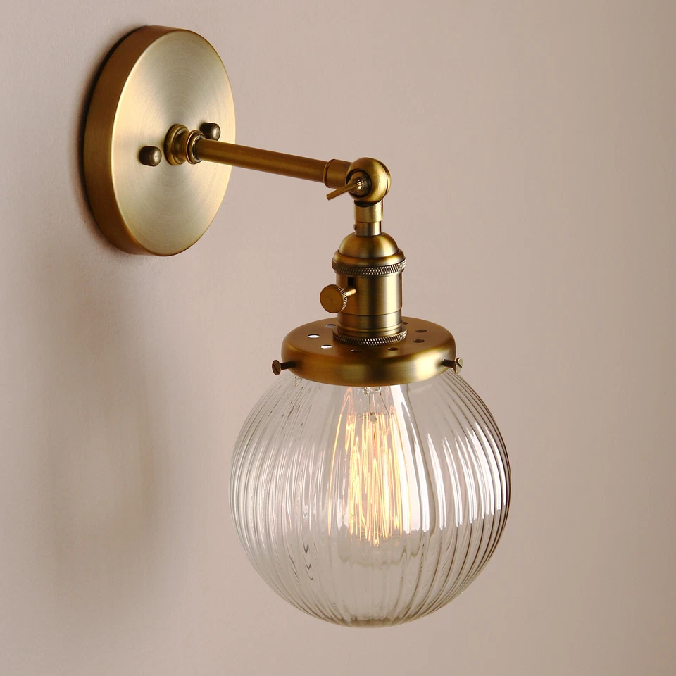 Vintage Industrial Wall Lamp Sconce 5.9" Round Ribbed Glass Shade Light w Switch - Image 2 of 4