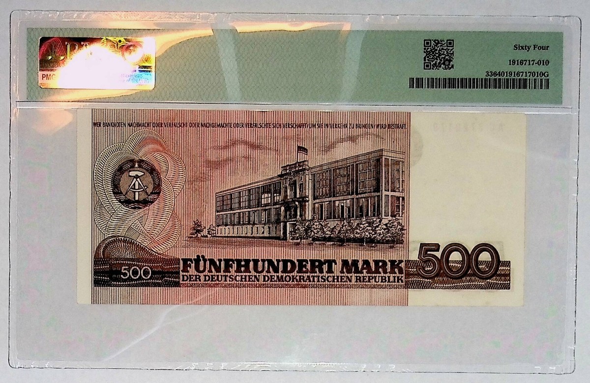 1985 East Germany 500 Mark Banknote PMG 64 Choice