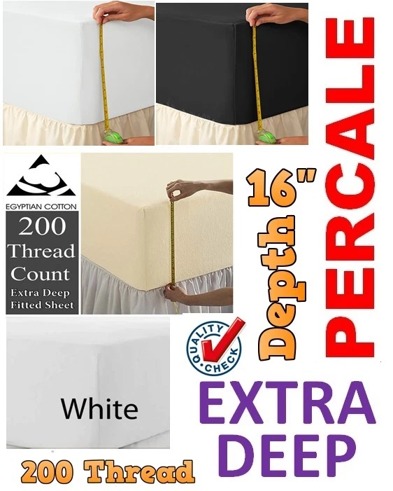 Egyptian Cotton 200 Thread Count Percale Extra Deep 16" Box Depth Fitted Sheets