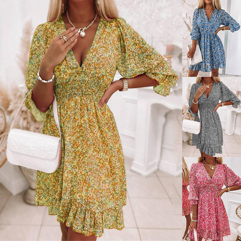 Ladies Tropical Tunic Sundress 3/4 Sleeve Womens Holiday Dress V neck Swing Ladies Tropical Tunic Sundress 3/4 Sleeve Womens Holiday Dress V neck Swing