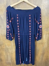 Ann Taylor Loft XS Navy Blue Embroidered Tassel Dress Off Shoulder Peasant Boho