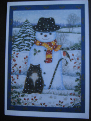 UNUSED vintage greeting card By Anne Mortimer CHRISTMAS Cat w/ Snowman