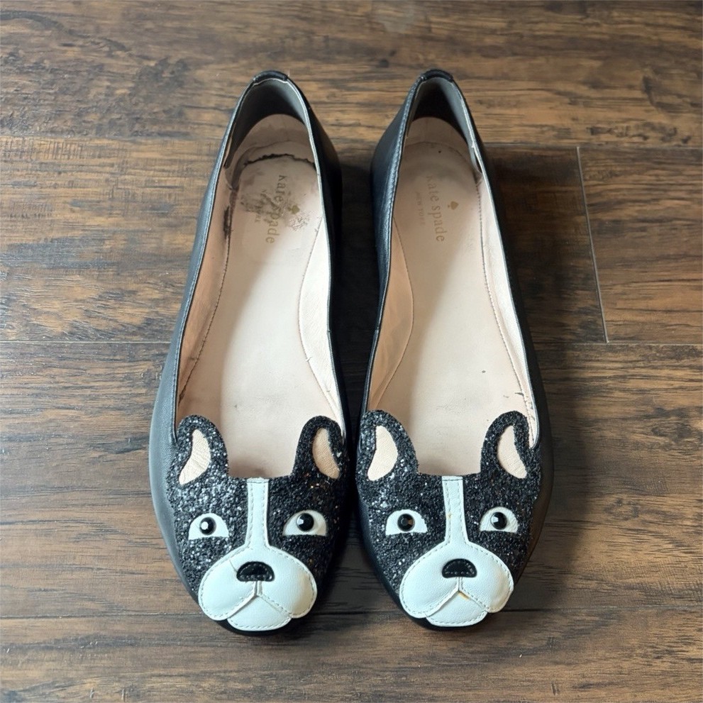 Kate Spade Winthrop Black White Boston Terrier Frenchie Ballet Flats Size 9.5