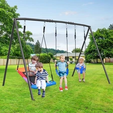 Hapfan 440lb Heavy-Duty Metal Swing Set w/3 Swings Outdoor Playset Kids Swingset