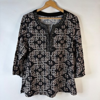 Croft & Barrow Top Womens 1X Black Tan Studded Split Neck 3/4 Sleeve Medallion