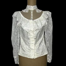 Vtg 70s Gunne Sax Victorian Lace Blouse Top 30" XS S White Ivory High Collar