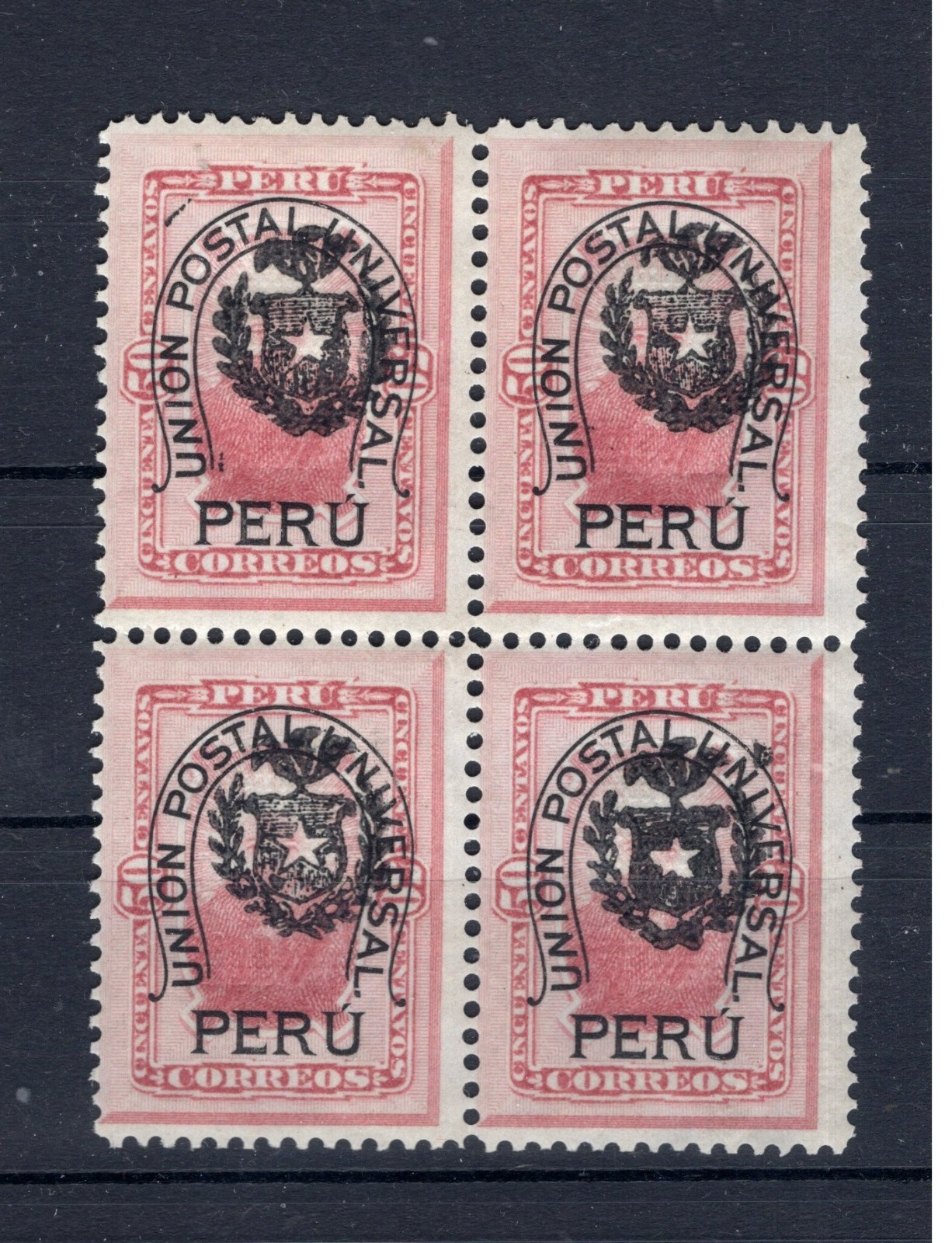 Chile Peru Pacific War chilean shield overp 50c MNH/ MLH black shield block of 4