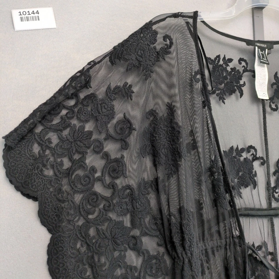 Forever 21 Mujer M Negro Transparente Corbata Kimono Plumero Cubrir Crochet Rosas Gótico Foto 3 de 4