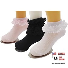 Girls Ruffle Lace Eyelet Frilly Ankle Dress 5-7 Years Black/White/Pink,3 Pairs