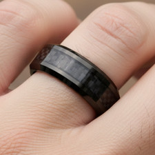 6mm Men  s Black Tungsten Wedding Band with Carbon Fiber Inlay Beveled Design