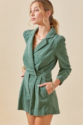 day+moon Women's Collared Long Sleeve Corduroy Romper- Green - Medium NEW