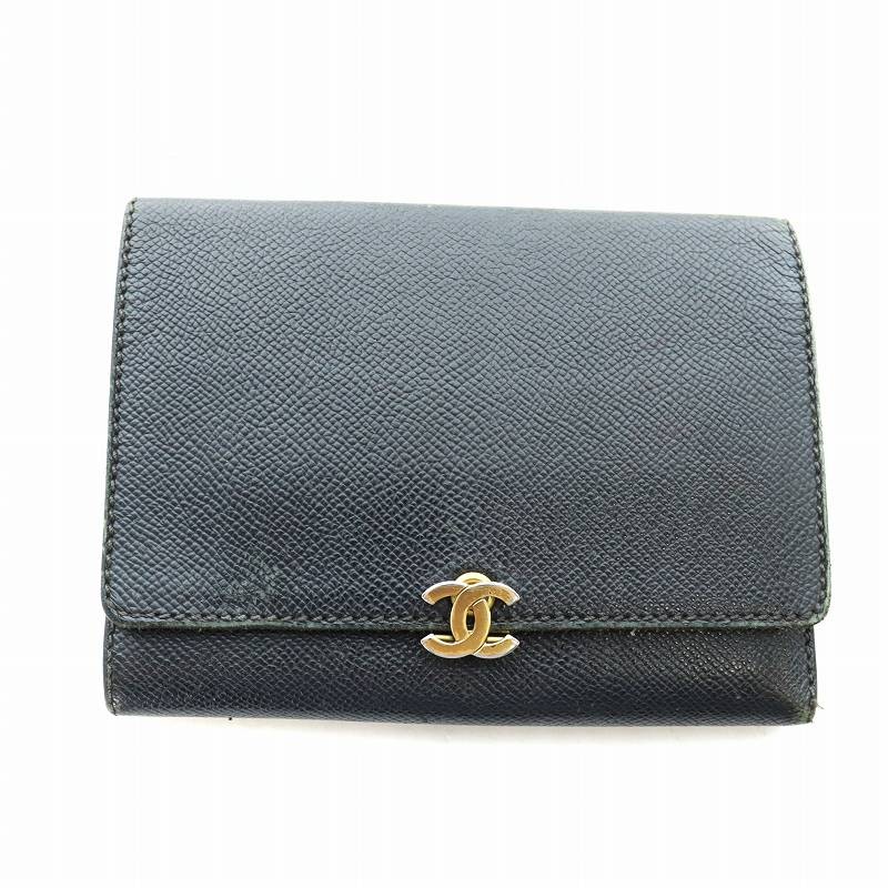 CHANEL Coco Mark Bi-Fold Leather Wallet Black Japan Used