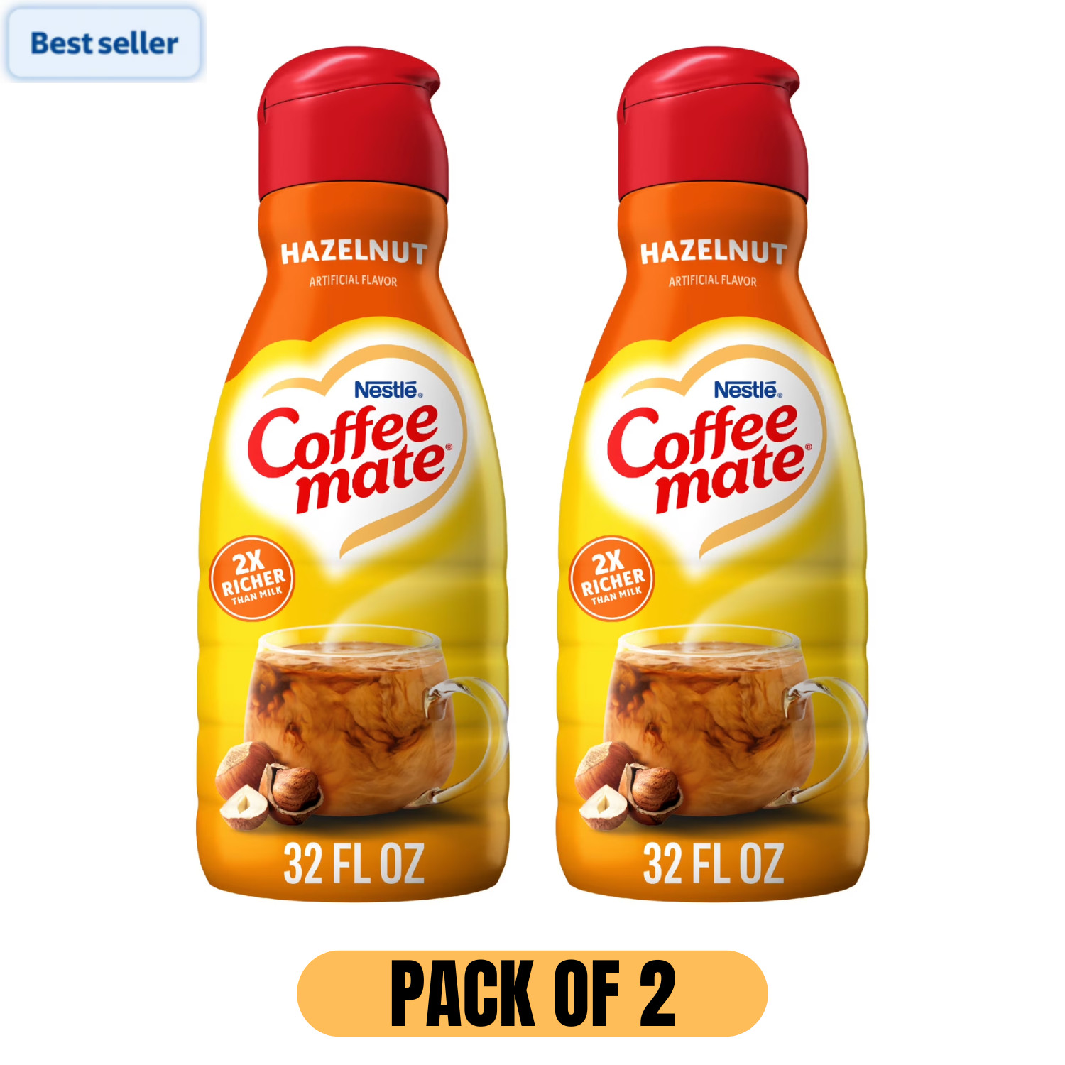 Coffee mate Coffee Creamer, Hazelnut Liquid Non-Dairy Bottle 32 fl oz, Pack of 2