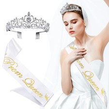 2Pcs Prom Queen Sash and Tiara Set, Crystal Rhinestones Bridal A Silver