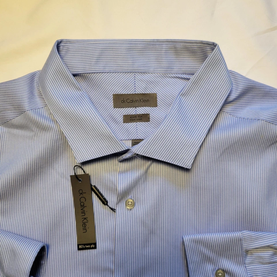 Calvin Klein Men's Blue Striped Slim Fit Non Iron Dress Shirt Size 20 34/35 NWT - Image 3 of 4