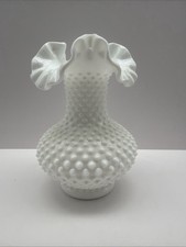 Vintage Fenton 7.5" White Milk Glass Vase Hobnail With Ruffled Crimped Edge