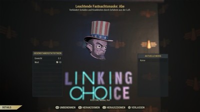 Fallout 76 PS4/PS5 Fastnacht Maske Leuchtender Abe Glowing Abe