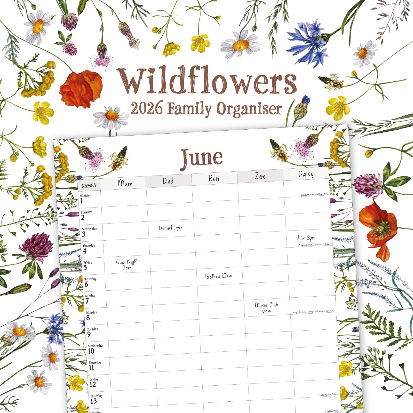 Wildflowers Illustrated Family Organiser 2026 Square Wall Calendar