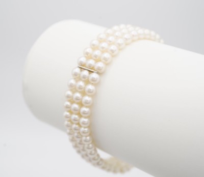 Triple Strand 4mm Akoya Pearl Bracelet. 7 Inches. Sapphire and Diamond Clasp.