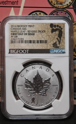2016 CANADA MAPLE LEAF BIGFOOT PRIVY NGC PF69 1 OZ,  $5 FINE SILVER COIN