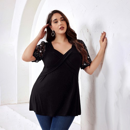 Plus Size Women Sequin Short Sleeve Tops Ladies Elegant Work Party Shirt Blouse - Picture 12 of 23