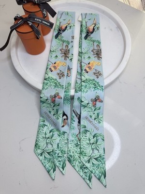 Brand New HERMES Equateur Silk scarf  Twilly  Pair, Ciel x Vert x Orange