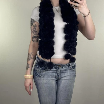 Y2K vintage genuine real fur scarf pom poms navy - Image 1 of 4
