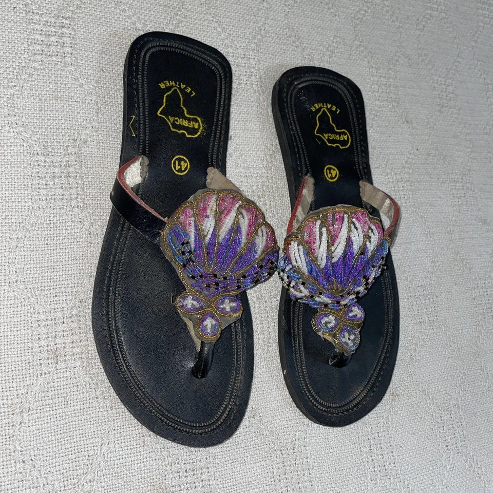 Sandálias tanga África feminina sem marca tamanho 41 EUA 10 M multicoloridas praia com miçangas - Imagem 4 de 4