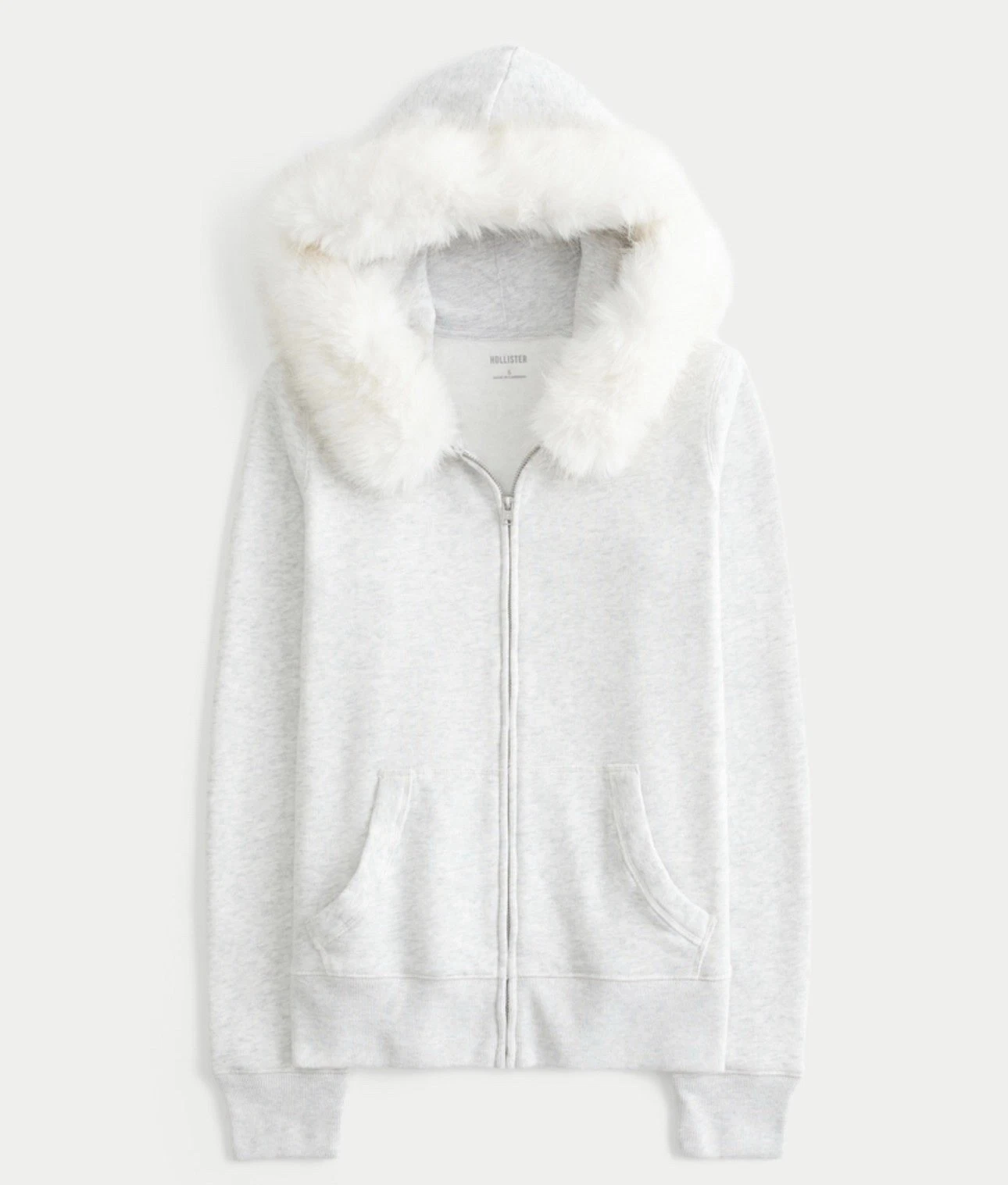 Hollister Feel Good Faux Fur Trim Zip-Up Hoodie Light Heather Grey Size Small