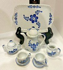 Vtg Miniature White w/Delft Blue Floral Design 10-Piece Handpainted Thailand B7
